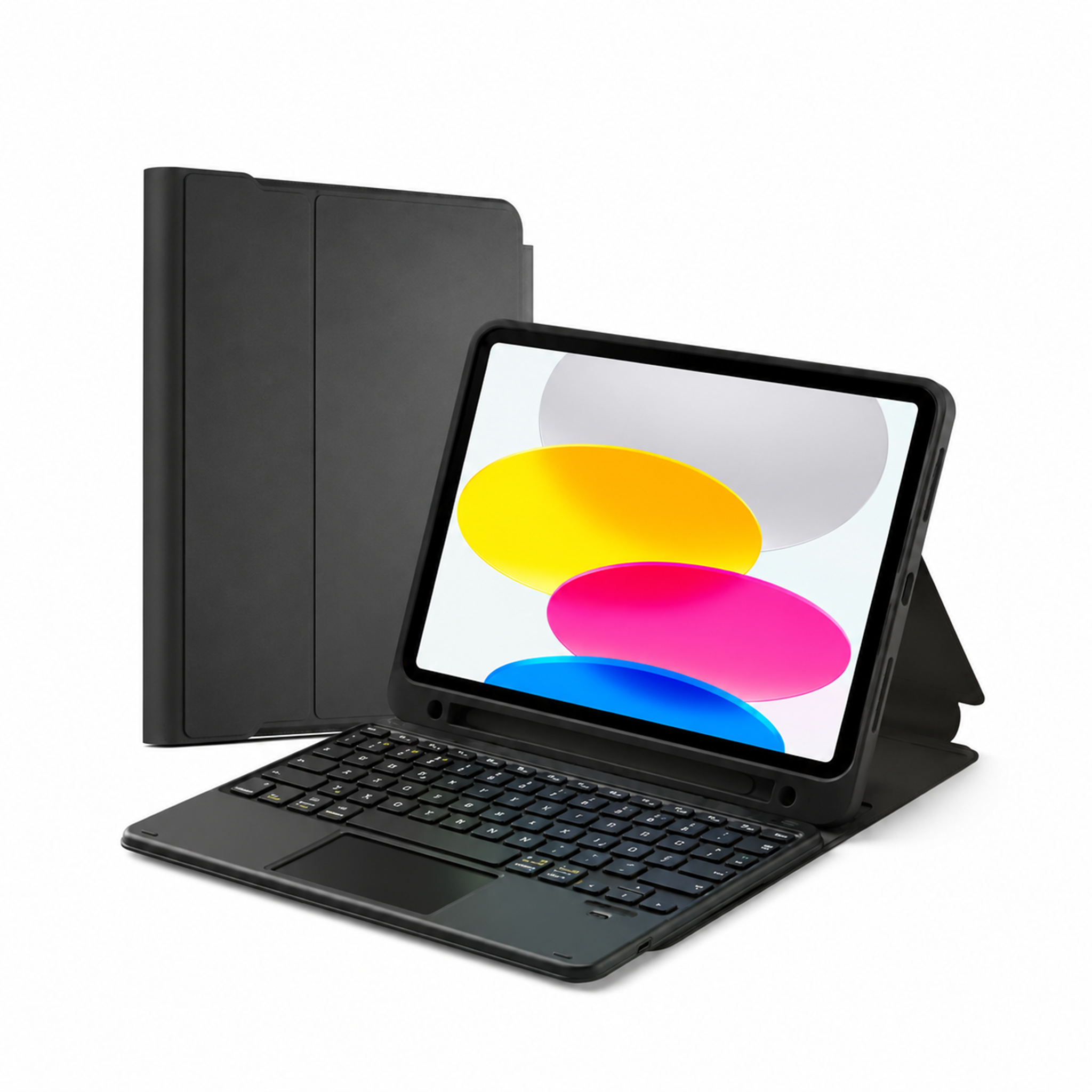 Apple iPad in schwarzer Tastaturhülle, geöffnet mit Tastatur und geschlossen daneben.