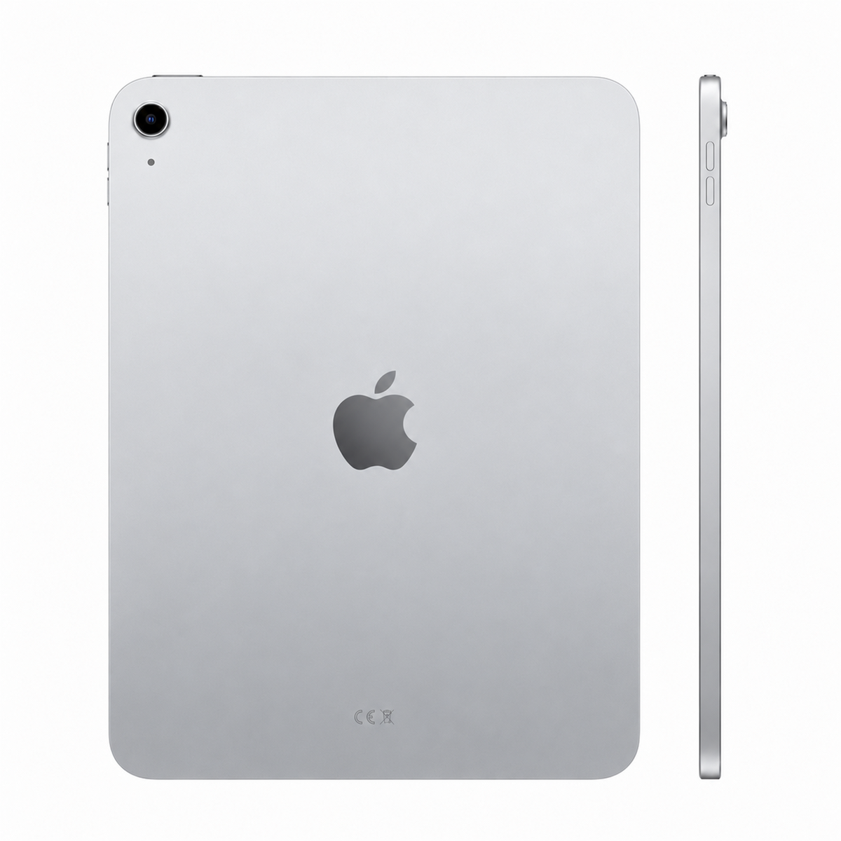 Apple iPad A16 in Silber, Rück- und Seitenansicht.