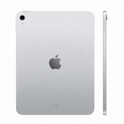 Apple iPad A16 in Silber, Rück- und Seitenansicht.
