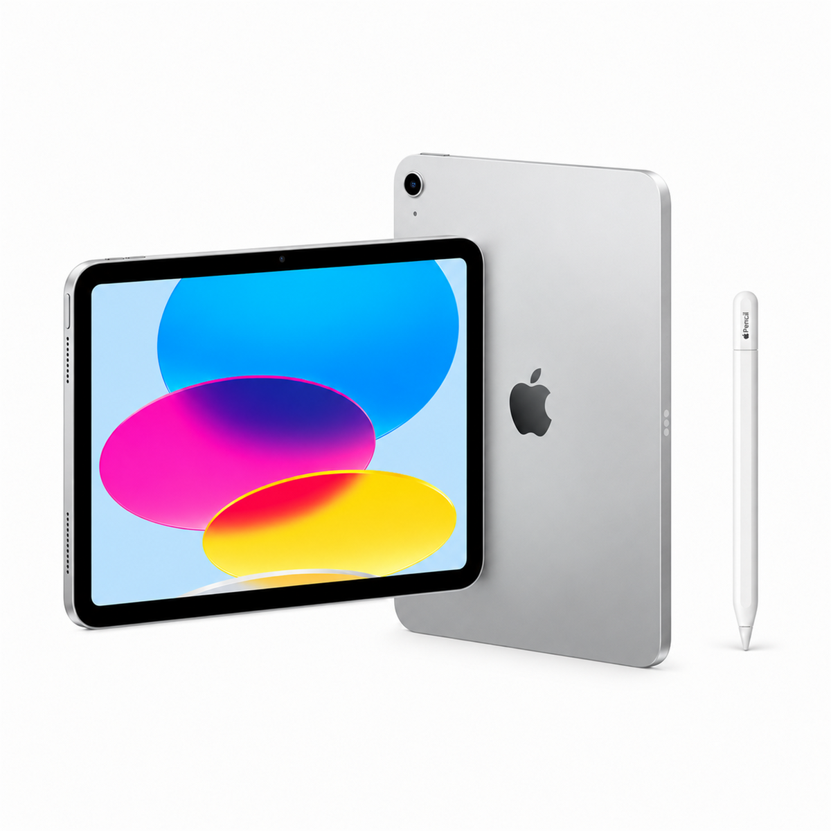 Apple iPad A16 in Silber mit weißem Apple Pencil USB-C.