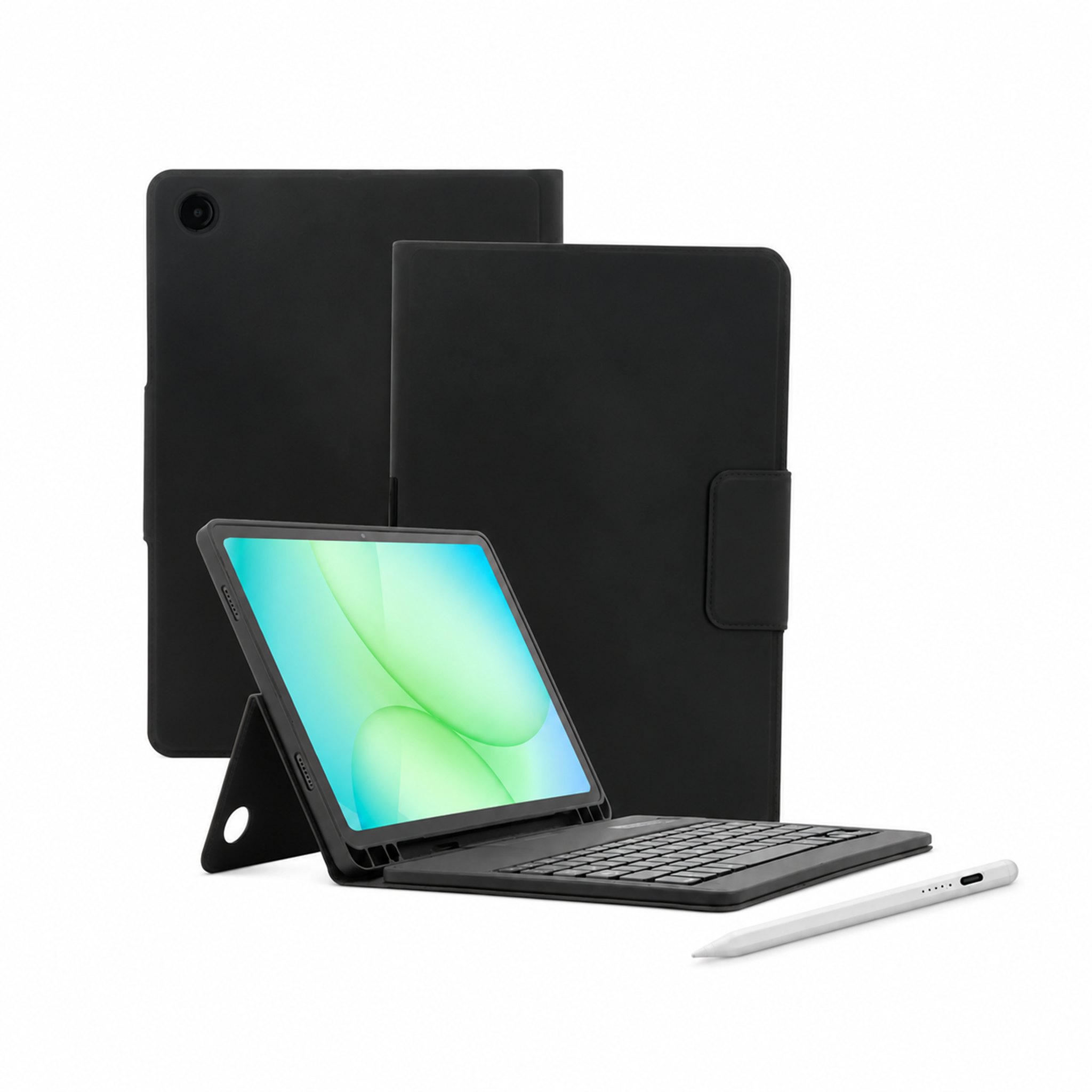 Samsung Galaxy Tab A11+ mit schwarzer Tastaturhülle und weißem Universalstift.