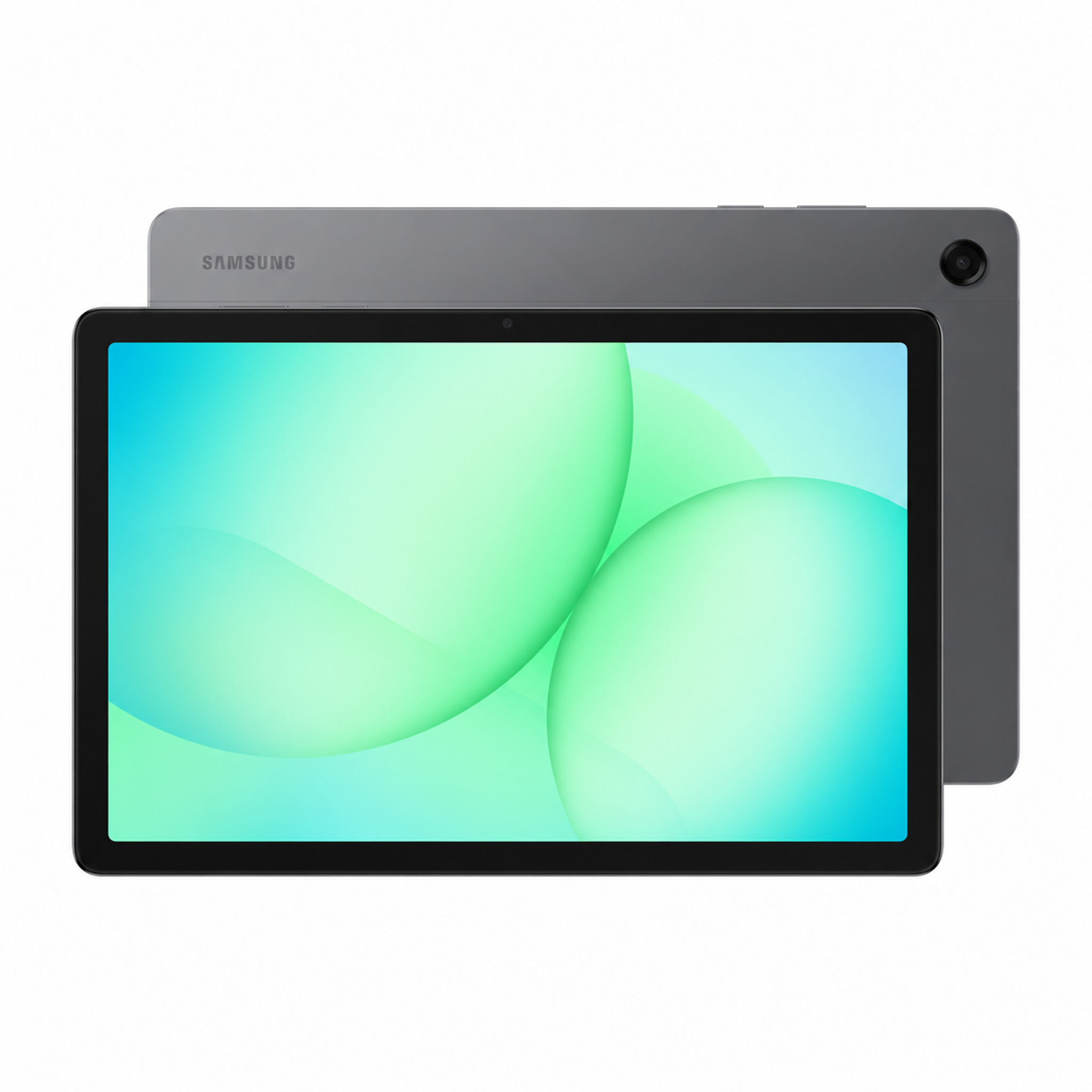 Samsung Galaxy Tab A11+ in Grau, Vorder- und Rückansicht.