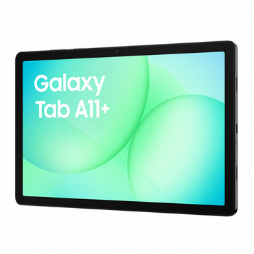 Samsung Galaxy Tab A11+ in Grau, schräge Vorderansicht.